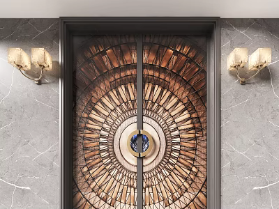 Decorative Double Doors Featuring Radiant Pattern Circular Blue Accent Grey Marble Walls And Wall Sconces 3d model