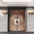 Decorative Double Doors Featuring Radiant Pattern Circular Blue Accent Grey Marble Walls And Wall Sconces