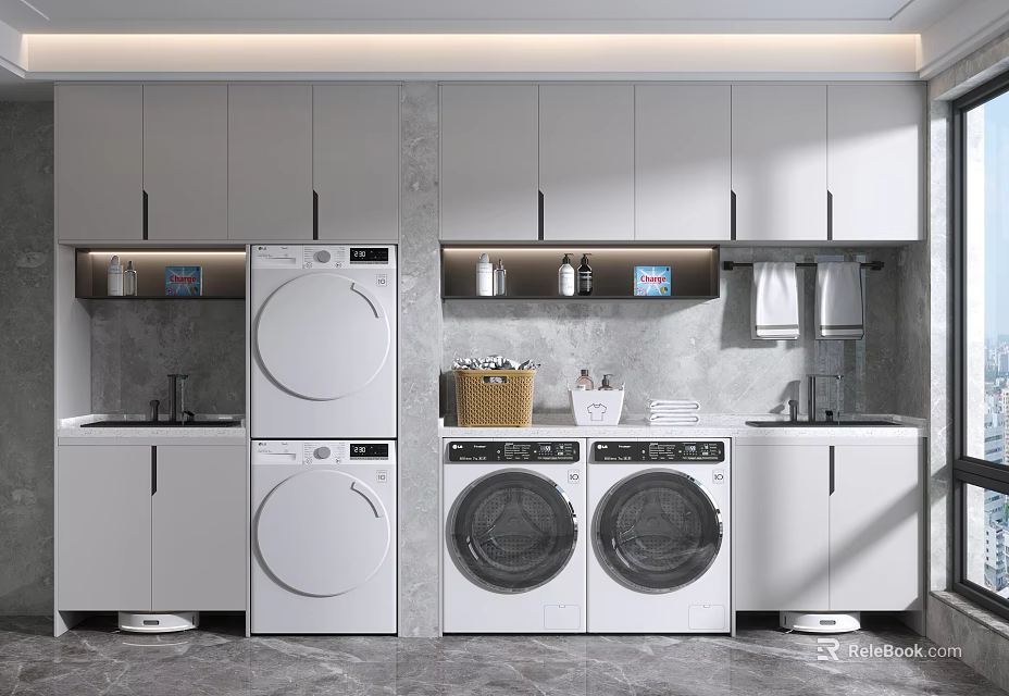 Modern White Bathroom Cabinetry With Washing Machine Dryer Sink And Gray Walls In Laundry Room 3d model 