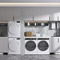 Modern White Bathroom Cabinetry With Washing Machine Dryer Sink And Gray Walls In Laundry Room