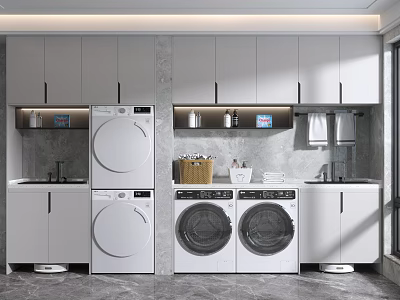Modern White Bathroom Cabinetry With Washing Machine Dryer Sink And Gray Walls In Laundry Room 3d model