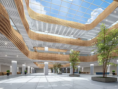 Spacious Modern Lobby Interior With Glass Skylight Wooden Ceiling And Green Plants 3d model
