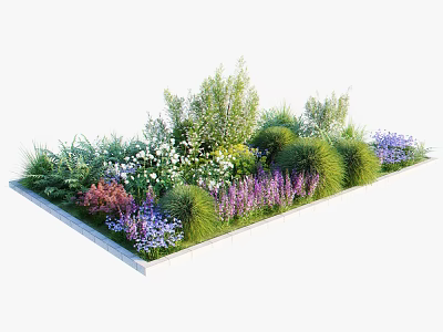 Layered Plant Combination With Purple White Flowers And Green Shrubs In Garden Bed 3d model
