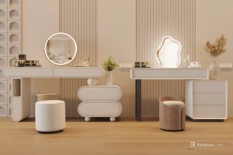 Modern Dressing Table Interior With Round Mirror Table Lamp Stool And Potted Plant 3d model 