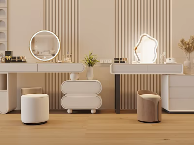 Modern Dressing Table Interior With Round Mirror Table Lamp Stool And Potted Plant 3d model