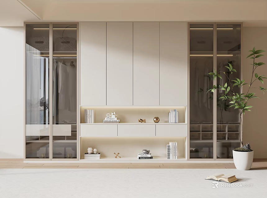 Modern White Wardrobe with Glass Doors Drawers and Shelves in Minimalist Interior 3d model 