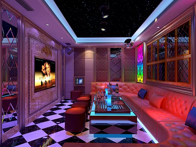 KTV Room Interior With Starry Ceiling Large Screen TV Red Sofas Colorful Lights Checkered Floor 3d model