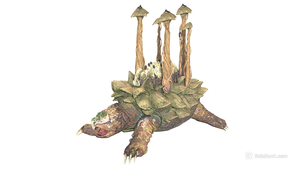 Fantasy Turtle Creature Featuring Mushroom Stalks Island-Like Shell and Tiny White Animal on Back 3d model 