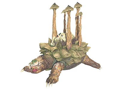 Fantasy Turtle Creature Featuring Mushroom Stalks Island-Like Shell and Tiny White Animal on Back 3d model