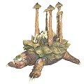 Fantasy Turtle Creature Featuring Mushroom Stalks Island-Like Shell and Tiny White Animal on Back