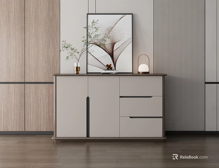 Modern Minimalist Light Gray Console Cabinet with Drawers Doors Decorative Plant Painting and Table Lamp 3d model 