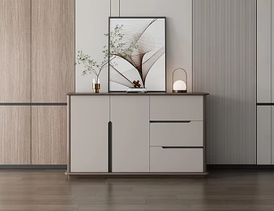 Modern Minimalist Light Gray Console Cabinet with Drawers Doors Decorative Plant Painting and Table Lamp 3d model