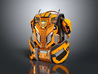 Futuristic Orange And Black Armored Backpack With Mechanical Structure And Reflective Surface Design 3d model