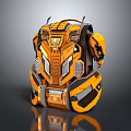 Futuristic Orange And Black Armored Backpack With Mechanical Structure And Reflective Surface Design