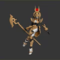 Humanoid Figure In Golden Armor With Black Details And Red Decorated Helmet Holding Axe
