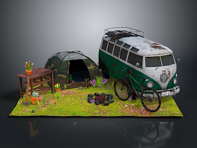Vintage Camper Van Camping Setup With Tent Bicycle Wooden Table And Flower Pots 3d model