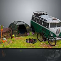 Vintage Camper Van Camping Setup With Tent Bicycle Wooden Table And Flower Pots