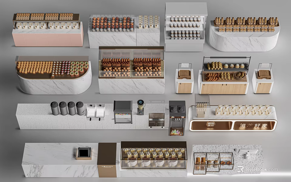 Modern Bar Counter Designs With Marble Tops Wooden Shelves And Coffee Machines 3d model 