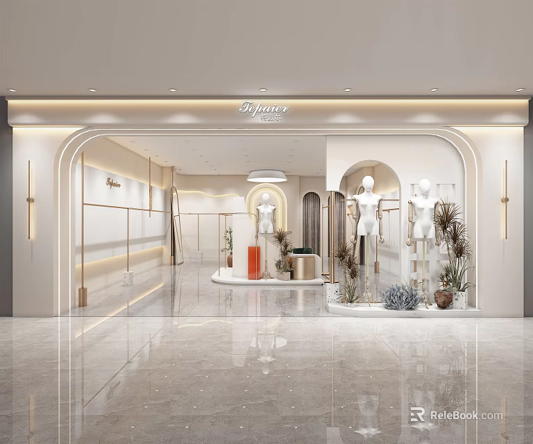 Modern Elegant Clothing Store With Open Design White Marble Floor Arched Doorways Mannequins And Greenery 3d model 