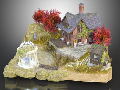 Rustic Cottage With Red Autumn Trees Glass Dome Gazebo And Stone Path 3d model