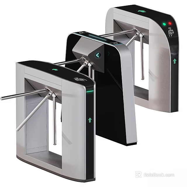 Silver Black Tripod Turnstiles With Green Indicator Lights For Security Access Control 3d model 