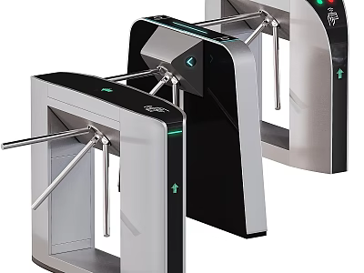Silver Black Tripod Turnstiles With Green Indicator Lights For Security Access Control 3d model