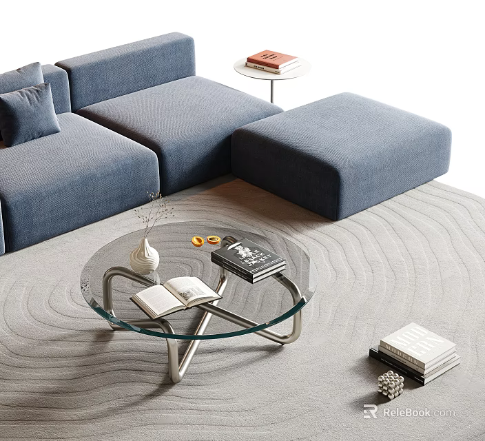 Glass Top Coffee Table With Metal Legs Near Blue Sofa And Ottoman On Wavy Rug 3d model 