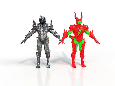 Silver Armored Mythical Figure and Red Green Horned Character with Detailed Features 3d model