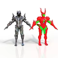 Silver Armored Mythical Figure and Red Green Horned Character with Detailed Features