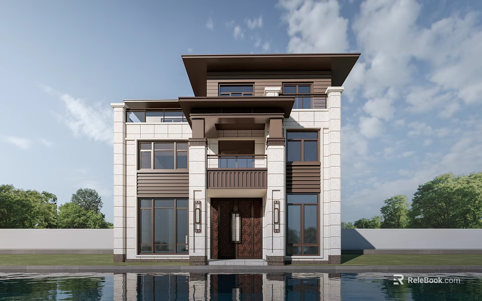 Modern Two Story Detached Villa Exterior With White Stone Dark Wood Accents And Front Pool 3d model 