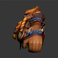 Cartoon Orange Horned Warrior Character With Decorative Armor And Wooden Barrel