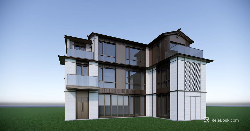 Modern Detached Villa Exterior With Large Windows Balconies And Green Lawn 3d model 