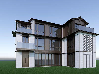 Modern Detached Villa Exterior With Large Windows Balconies And Green Lawn 3d model