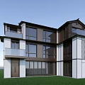 Modern Detached Villa Exterior With Large Windows Balconies And Green Lawn