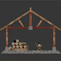 Traditional Wooden Shed Structure With Sloped Roof Wooden Pillars And Firewood Stack On Stone Base