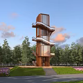 Steel Structure Observation Deck With Steps Green Lawn Flower Beds And Lush Trees