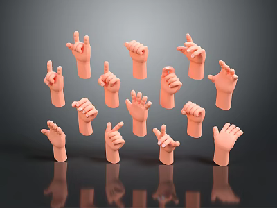 Man’s Pink Colored Hands With Different Gestures And Reflections On Dark Background 3d model