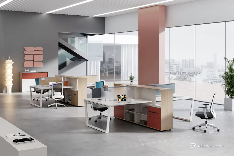 Modern Public Office Space Design With Open Layout And City View Windows 3d model 