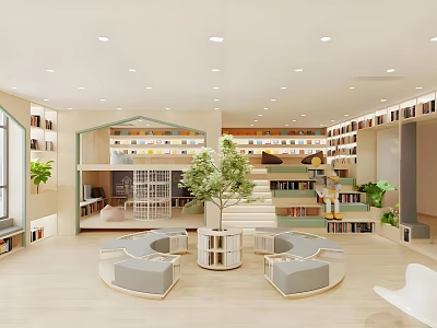 Spacious Modern Bookstore With Open Design Bookshelves Staircase Circular Seating And Green Plants 3d model