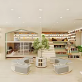 Spacious Modern Bookstore With Open Design Bookshelves Staircase Circular Seating And Green Plants