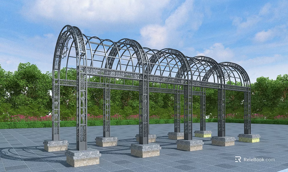 Metal Pergola With Arched Design And Stone Pillar Base In Outdoor Garden Setting 3d model 