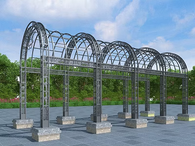 Metal Pergola With Arched Design And Stone Pillar Base In Outdoor Garden Setting 3d model