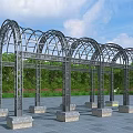 Metal Pergola With Arched Design And Stone Pillar Base In Outdoor Garden Setting