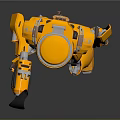 Yellow Robot with Transparent Helmet Holding Black Tool and Colorful Interior