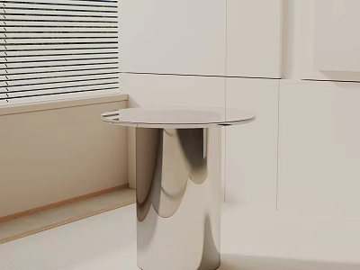 Modern Glass Top Side Table Featuring Stainless Steel Reflective Base in Minimalist Indoor Space 3d model