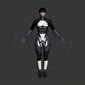 Human Character In Blue White Black Combat Suit With Helmet Standing On Gray Reflective Surface