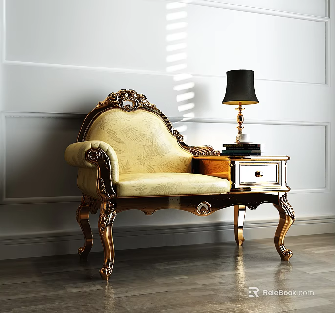 Ornate Beige Single Sofa With Gold Carved Details And Side Table With Black Lampshade 3d model 