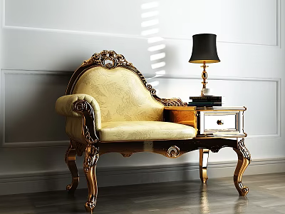 Ornate Beige Single Sofa With Gold Carved Details And Side Table With Black Lampshade 3d model
