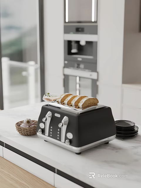 Black Toaster With Toasted Bread In Modern Kitchen Interior With Coffee Machine And Plates 3d model 