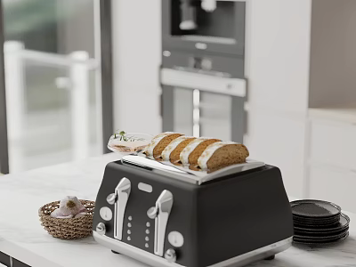 Black Toaster With Toasted Bread In Modern Kitchen Interior With Coffee Machine And Plates 3d model